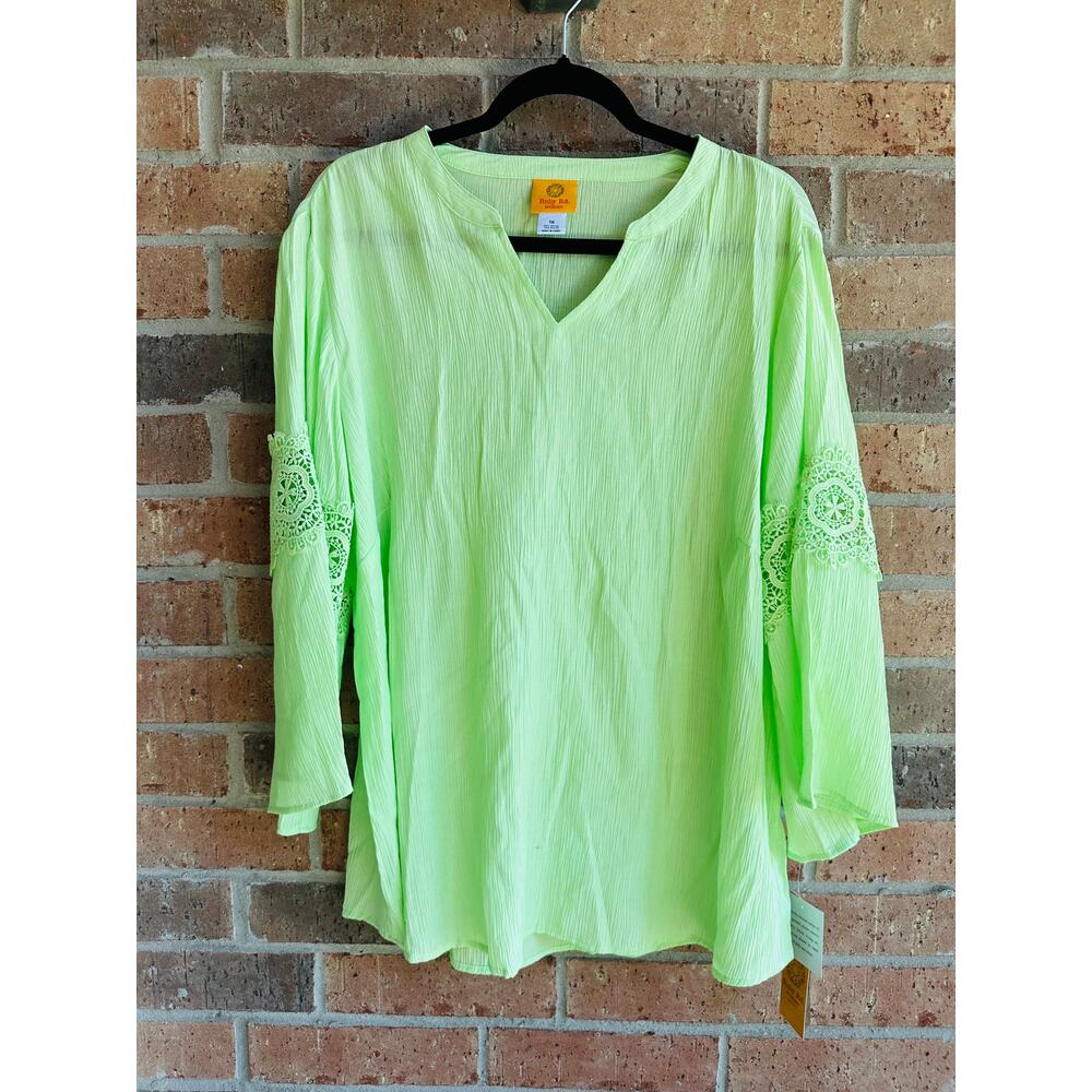 Ruby Rd. Womens Green Solid Bali Lace Spilt V-Neck 3/4 Sleeve Blouse Size 1X NWT